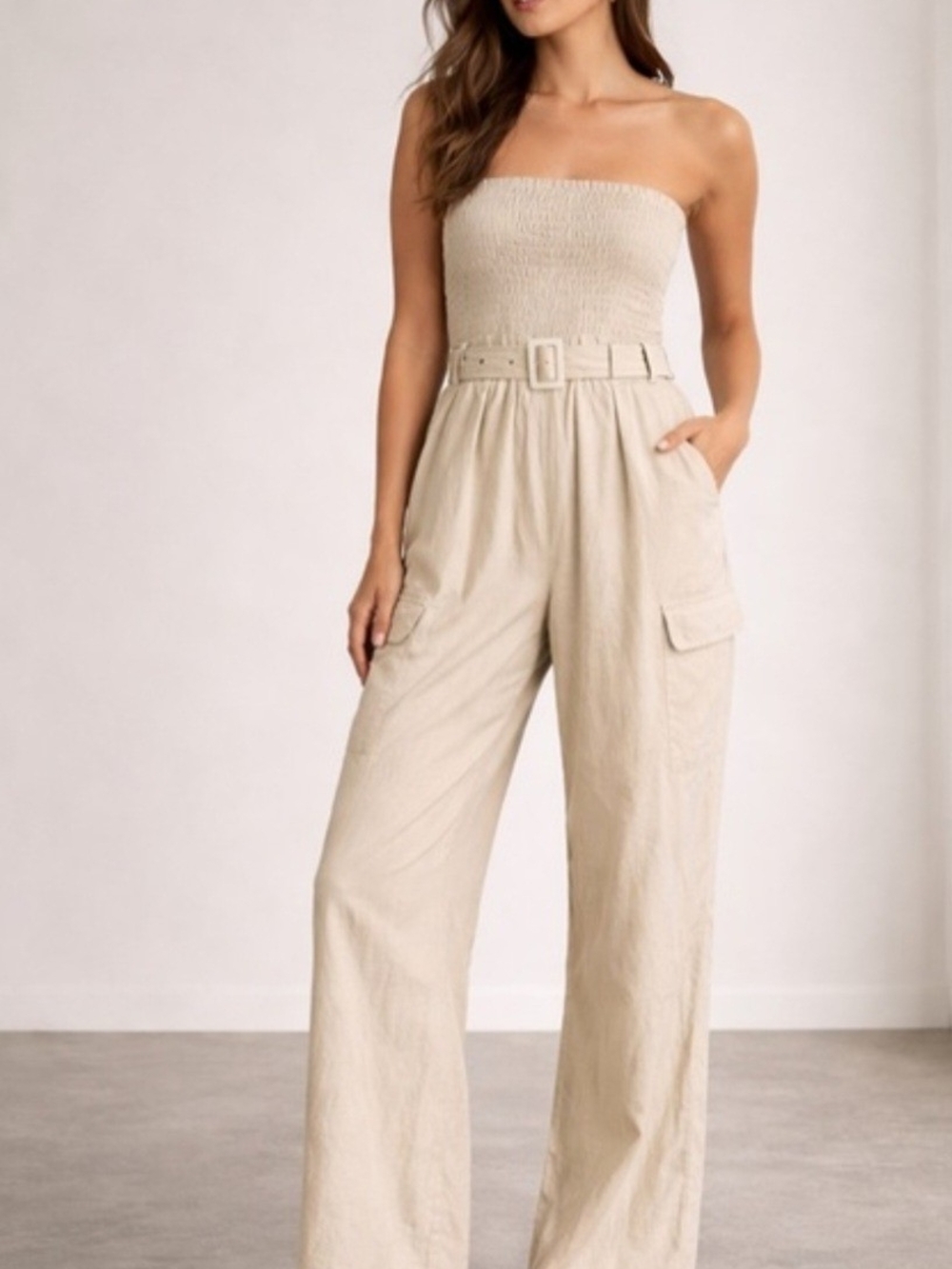 Strapless Boho Linen Wide-Leg Jumpsuit in Beige with Belt (D90)